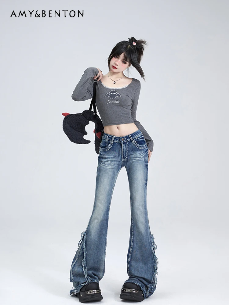 Autumn New American Retro High Waist Washed Jeans Women Fashion Bleached Slim Sexy Flare Pants Denim Trousers Girls