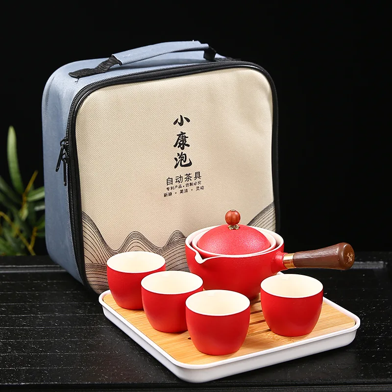 Chinese Porcelain Gongfu Tea Set Portable Teapot Set with 360 Rotation Tea Maker and Infuser Portable All in One Gift Bag