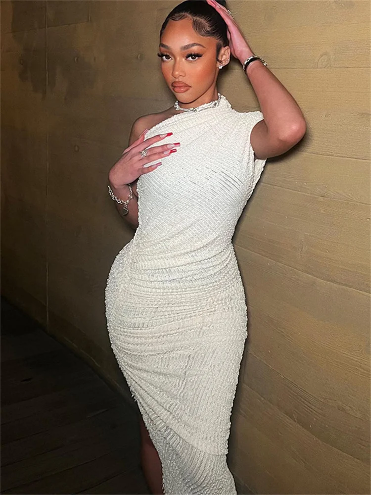 

WJFZQM One Shoulder Sleeveless Backless Ruched Bodycon Side Slit Long Dresses For Women Club Birthday Party Outfits Y2K Clothes