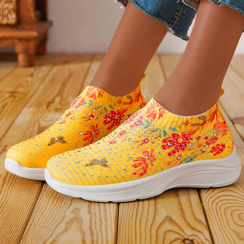 Women's Printed Knitted Sports Shoes 2024 Breathable Sports Shoes Women's Flat Shoes Women's Plus Size 41 Driving