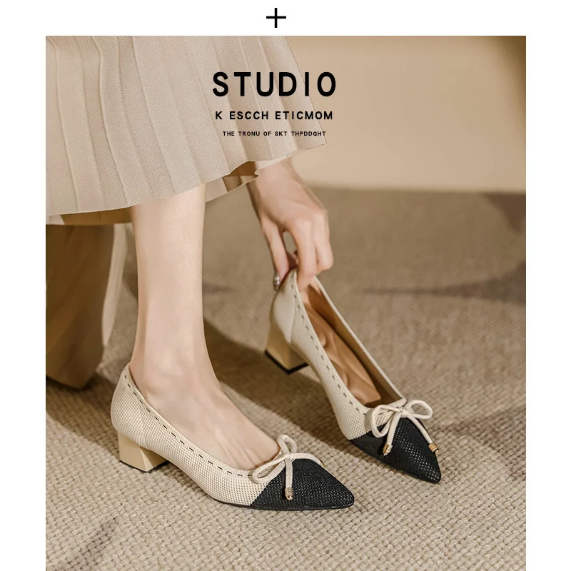 

Summer Fashion New Shoes Women Knitted Pointed Toe Square Root Ballet Shallow Shoe Slip On Loafer Ballet Middle Heel Shoes
