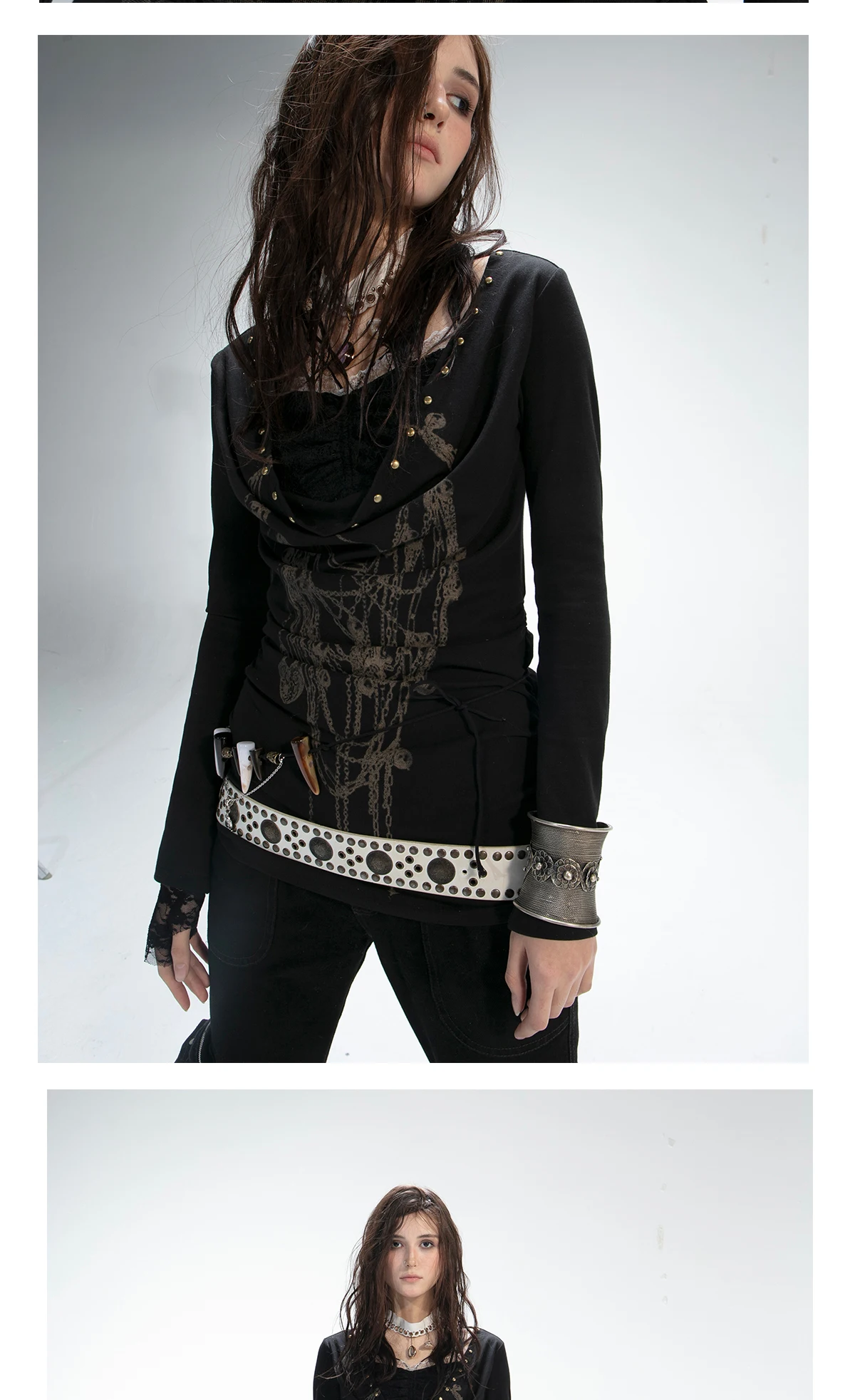 Karrram Grunge Aesthetics Tattoo Print T-Shirt Japanische Y2k Fake Zweiteilige Tops Trashy 2000er Jahre Stil Streetwear Schwarz Gothic Punk – Detail 6