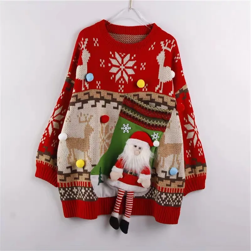 

Hsa Christmas Sweaters Europe Fashion Knitted Pullovers Loose Sweaters O-Neck Sweaters Winter Thickened Deer Snowman Knitwear