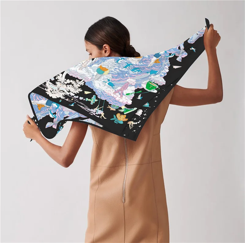 POBING Twill Seide Schal Frauen Euro Pferd Druck Platz Schals Echarpes Foulards Femme Wraps Bandana Lxury Hijab – Detail 3