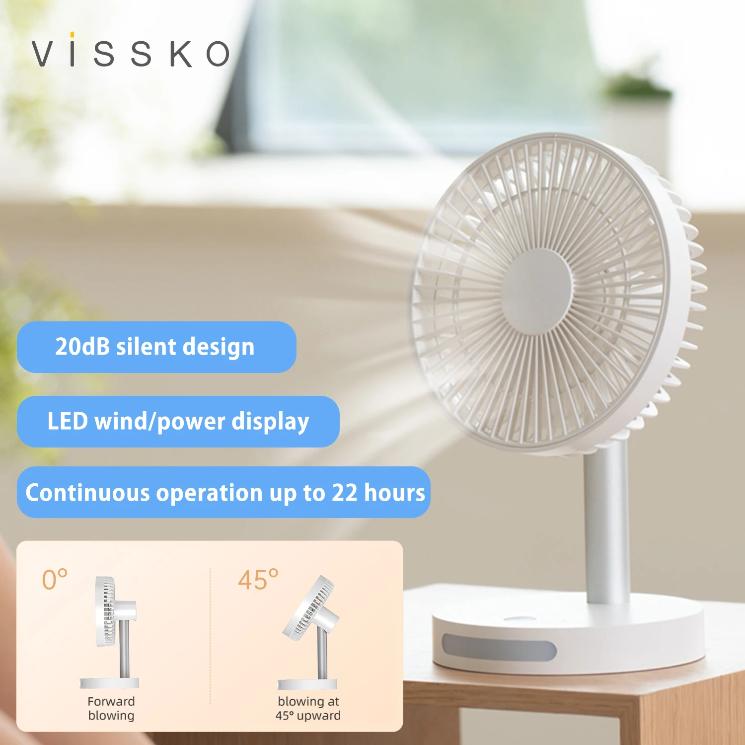 Vissko USB 데스크 캠핑 선풍기, 강한 기류 및 저소음 작동, 5 단 바람 미니 테이블 선풍기, 사무실용 각도 조절 가능, 3600mAh