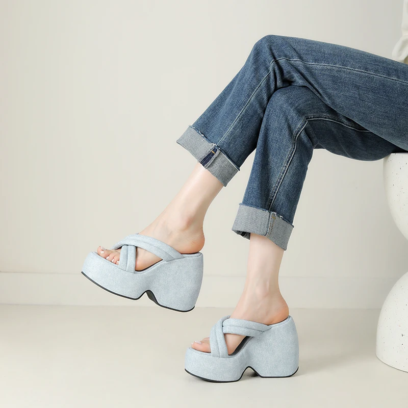 Women's Wedges Slippers Fashion Summer Outdoor Sandals Lightweight Comfy Soft Denim Platform Shoes