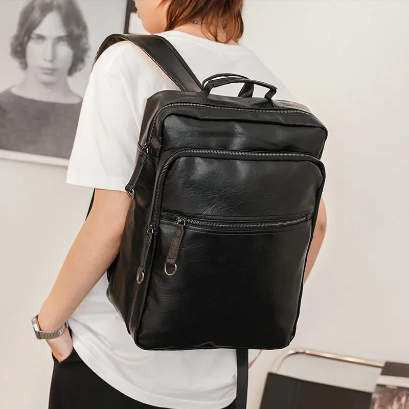 Waterproof Backpack Men Soft PU Leather 15.6 Inch Laptop Backpacks Casual Travel Backpack Multifunctional Handbag Daypacks