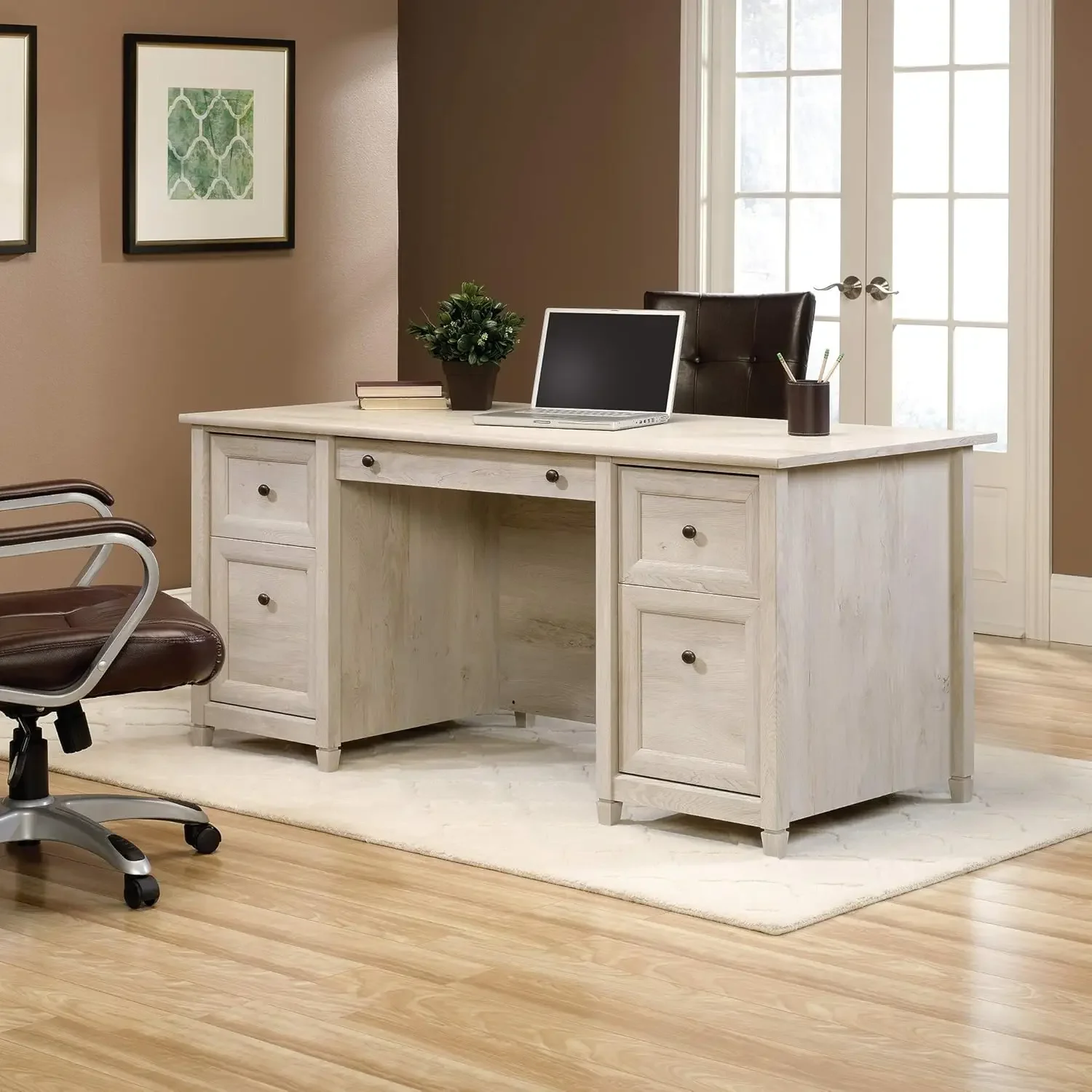 Sauder Edge Water Executive Desk, L: 65.12" x W: 29.53" x H: 29.37", Chalked Chestnut 2
