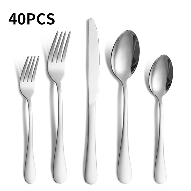 

40pcs Silver Tableware Cutlery Set Stainless Steel Flatware Fork Knife Spoon Restaurant Home Daily Dinnerware Silverware