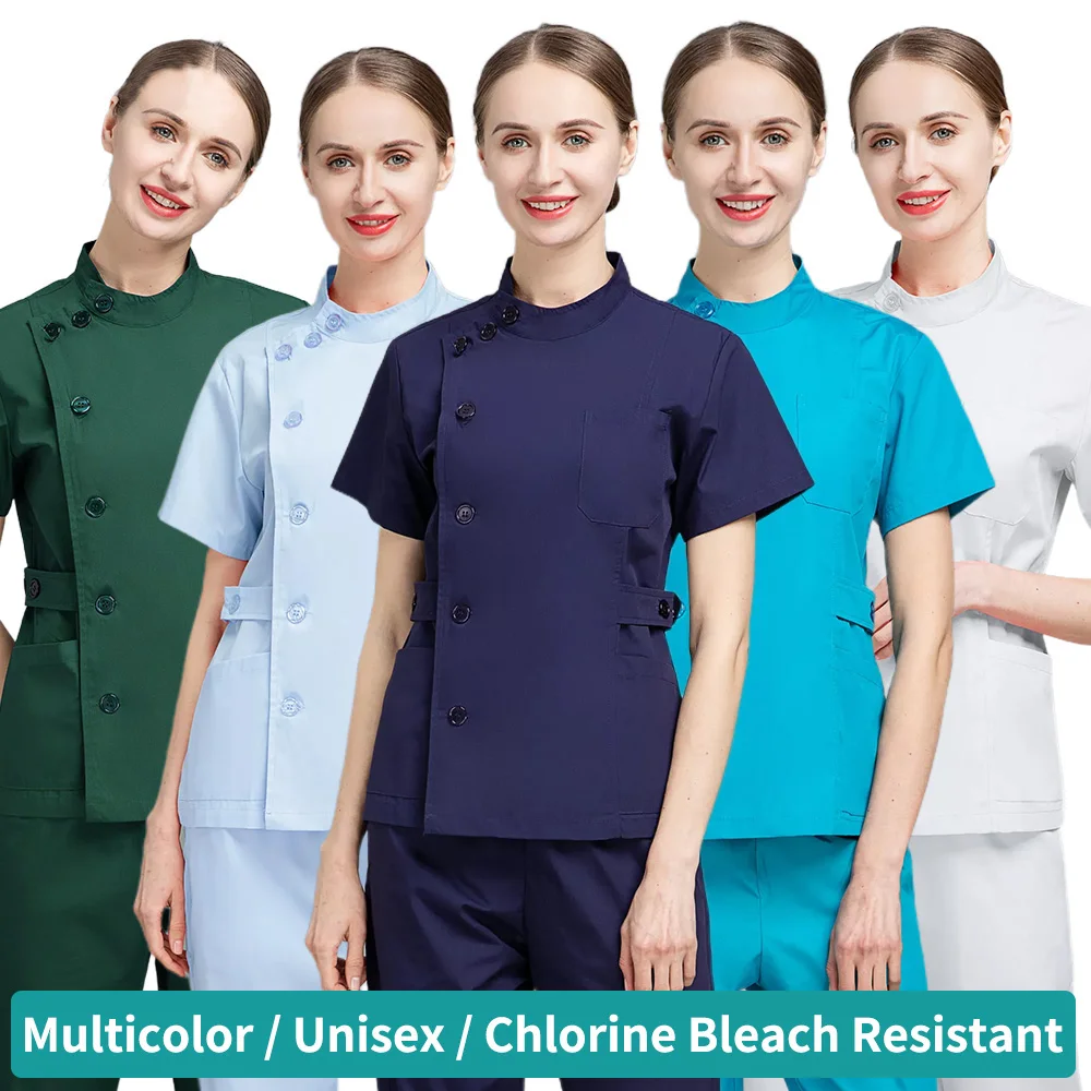 High End Medical Scrubs for Women Button Closure Stand Collar Slim Tops
