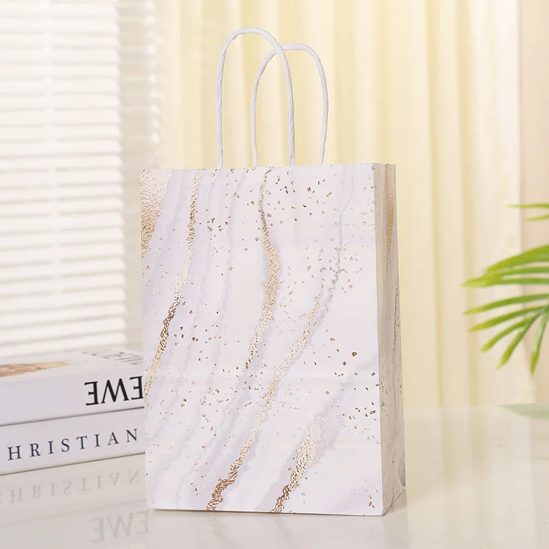 5Pcs Marble Design Kraft Paper Gift Bag with Handle Birthday Party Packaging Bags Wedding Gifts for Guest Eid Ramadan Supplies