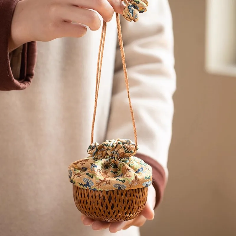Chinese Style Handwoven Bamboo Tea Set Storage Bag - Portable Travel Case for Gaiwan/Cups, Drawstring Tea Accessories Pouch