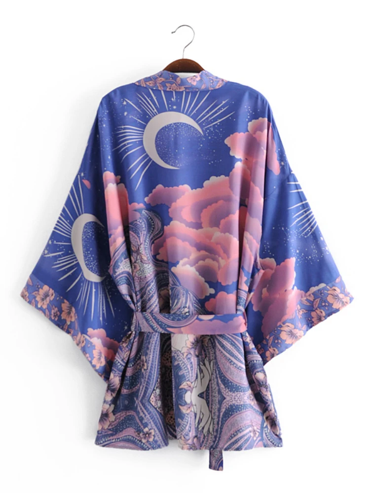 Boho 빈티지 스타와 달 꽃 프린트 새시 여성 보헤미안 V 넥 Batwing 슬리브 Happie 짧은 가운 기모노 드레스 커버 업