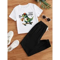 IURNXB 2PCS Child Clothes Set Pizza Dino Print Short Sleeve Top+Ankle Pants Suits Little Boys T-Shirt+Trousers Kids Outfits 1-6Y