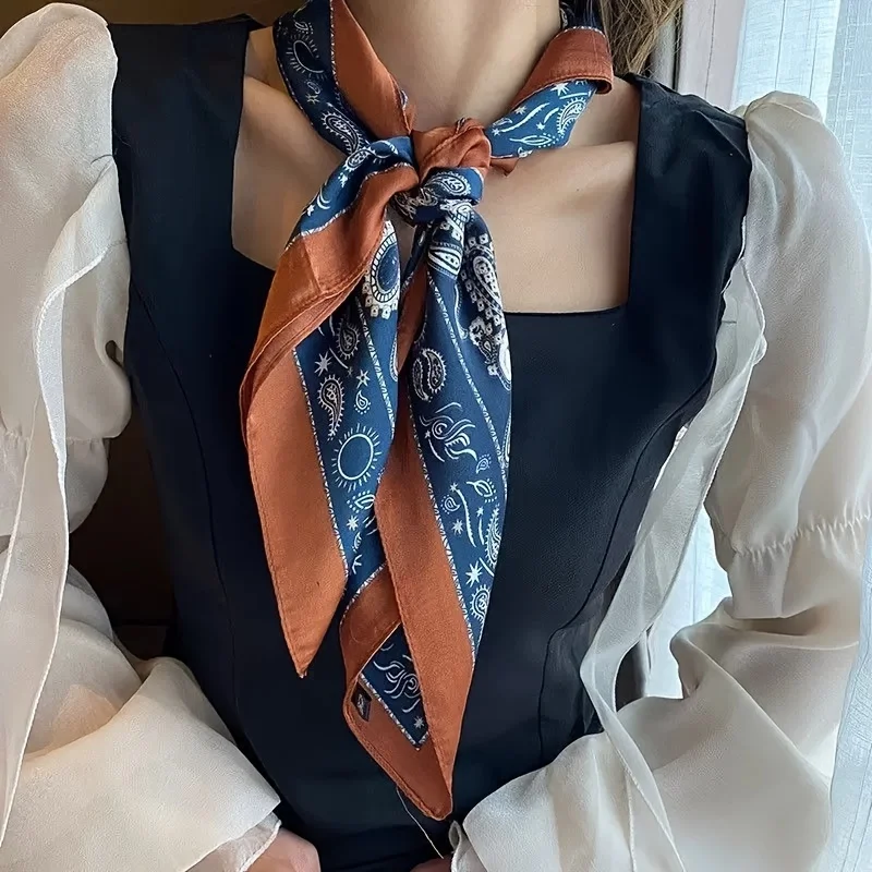 Retro Style Paisley Houndstooth Printed Square Scarf Soft Satin Thin Smooth Neck Scarf Sunscreen Headscarf For Women Head Wrap 4