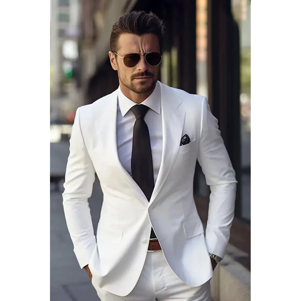 Handsome White Suit for Men Two Pieces (Jacket+Pants) Single Breasted Notch Lapel Costume Homme Business Wedding Groom's Set
