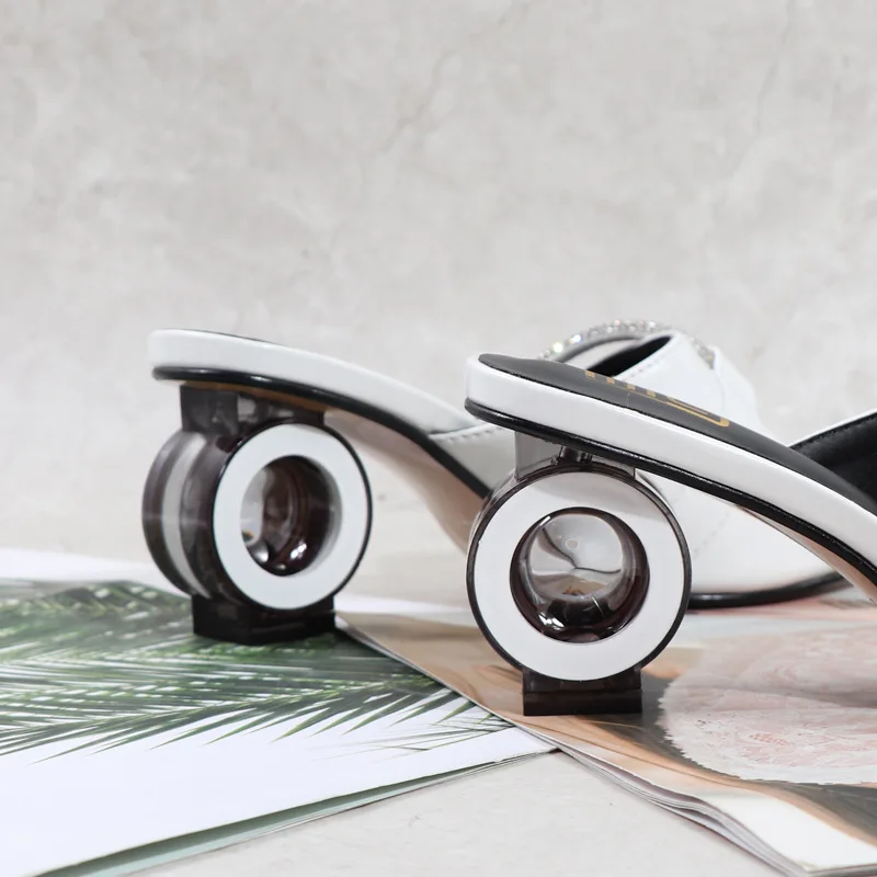 Summer New Fashion Round with Flip-flops Square Head Rhinestones Large Size High Heel Lady's Slippers Shoes Women 2022