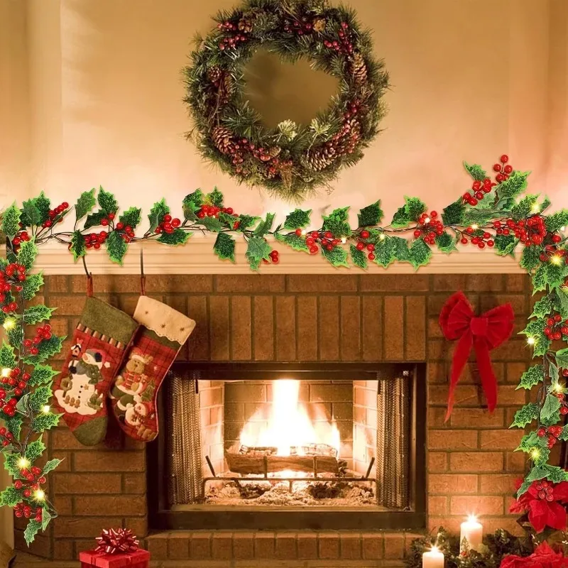 Artificial Plants Christmas Holly Berry Vines Fake Green Leaves Hanging Garlands with Light Strings for Home Party Xmas Decor