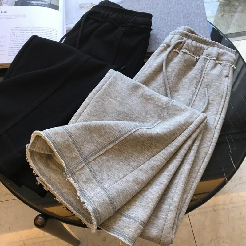 Women's Autumn and Winter 2023 New Fashion High Quality High Waist Drawstring Wide Leg Ragged Casual Pants Black Grey