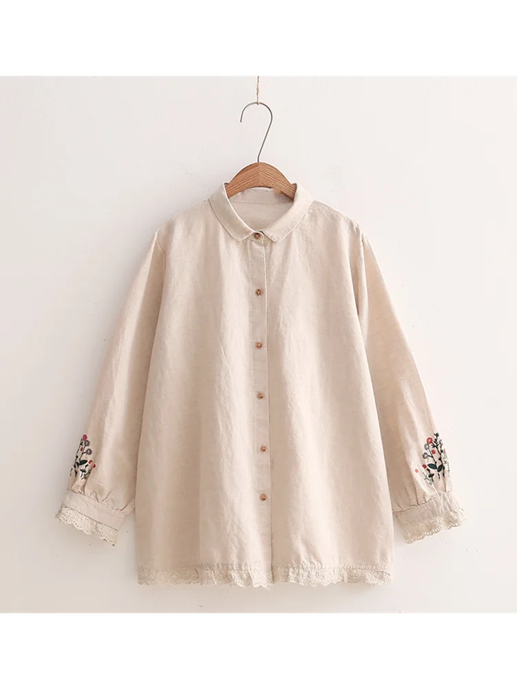 Lamtrip Peter Pan Collar A Bunch Flowers Embroidery Lace Edged Long Sleeve Cotton Single Breasted Shirt Blouse