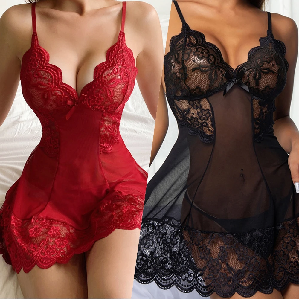 

2023 New Sexy Lace Pajamas Women's Nightdress with Thong Suit Mesh Floral Pajamas Sexy Sling Nightdress Sexy Lingerie