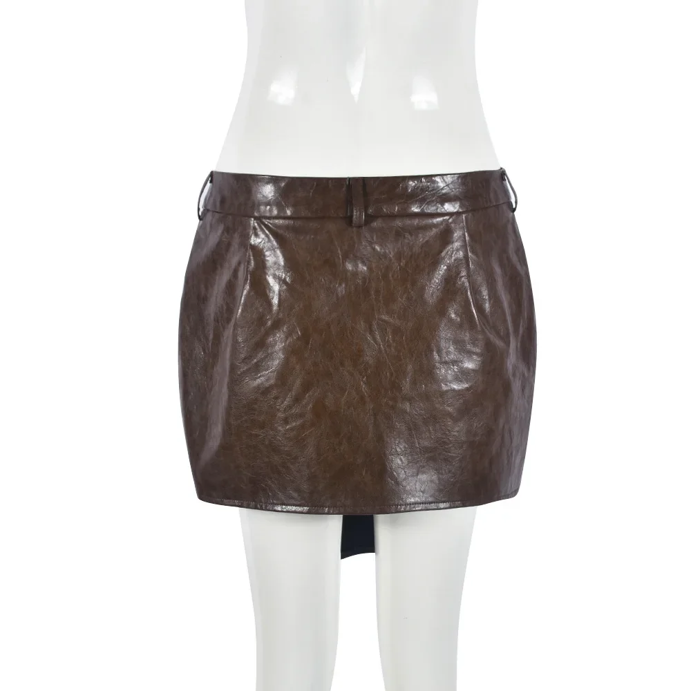 Women Irregular Pu Leather Slim Mini Skirt Spring Autumn 2024 Solid Cross Buttons Bodycon Y2k Casual Bottom Hipster Streetwear