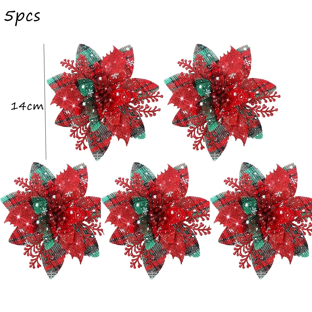5PCS Christmas Flowers Red Gold Blue Artificial Flower Heads 2023 Noel Home Tree Decorations Navidad Party DIY Wreath Supply