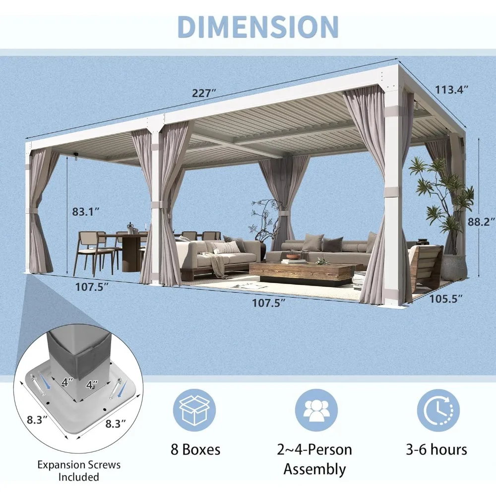 Louvered Pergola 10x20, Aluminum Pergola with Adjustable Waterproof Roof, Outdoor Pergola with Curtains and Netting Gazebos 4