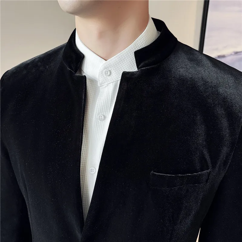 Chinese Style High-end Stand Collar Velvet Casual Suit Jacket for Men's Autumn Winter Thick Blazers Casual Business Dress Coats