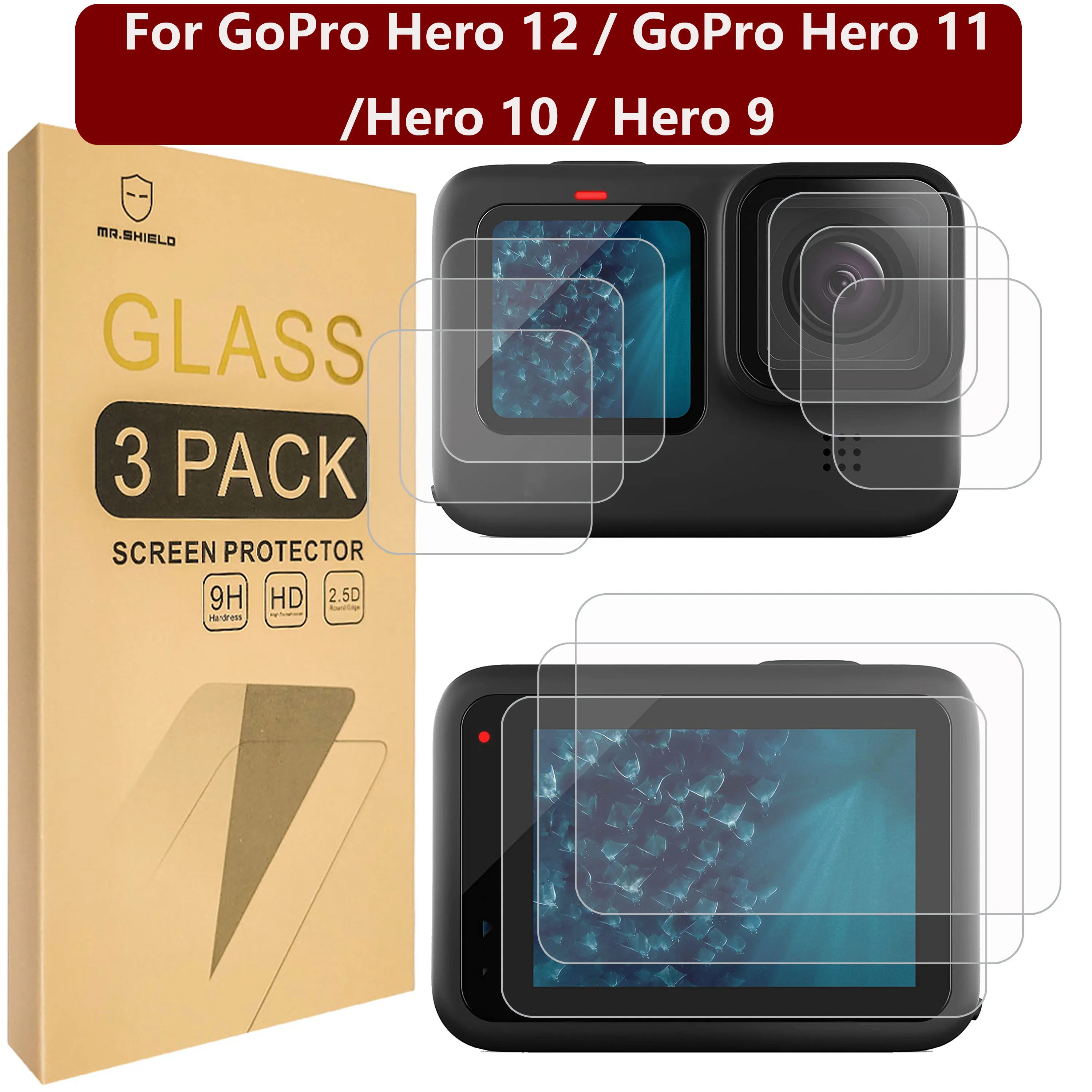 

Mr.Shield Screen Protector compatible with GoPro Hero 12 / GoPro Hero 11 / Hero 10 / Hero 9 [Back+Lens+Front] 3-Pack [9 Pcs]