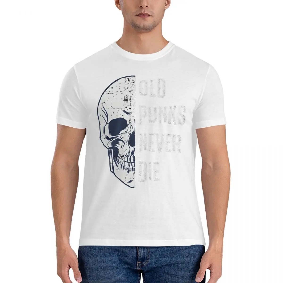 thumbnail image 1 of Camisetas vintage de calavera punk rockera, camisetas de algodón puro con cuello redondo, camisetas de manga corta con la frase "Old Punks Never Die", idea de regalo., 1 of 7