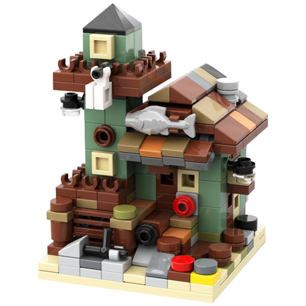 

Gobricks MOC City Old Fishing Store Wharf Fisherman Cabin Mini Size Building Blocks Idea Street View Wooden House Bricks Toys