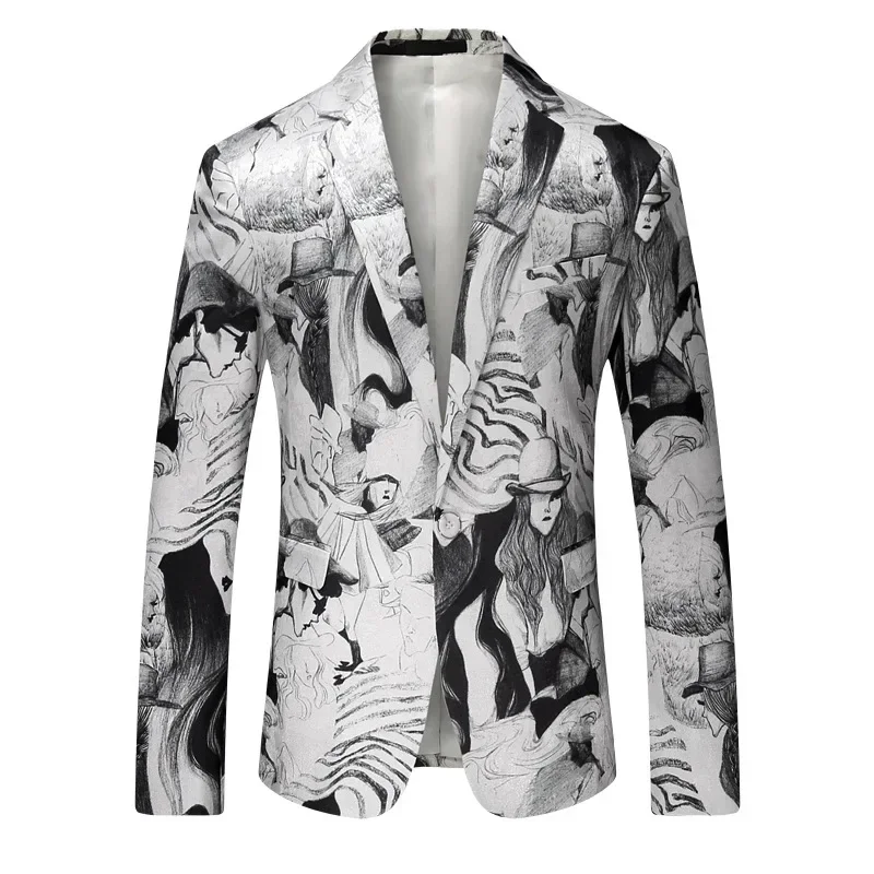 

2023 Men's New Printed White Dress Fashion Slim Fit Casual Suit Figure Printed Suit