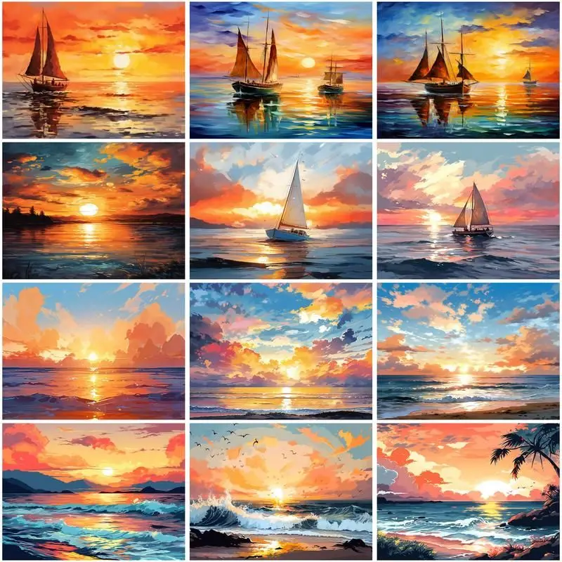 GATYZTORY Oil Painting Sunset and Sea View Drawing On Canvas HandPainted Art Gift DIY Pictures By Number Kits Home Decoration