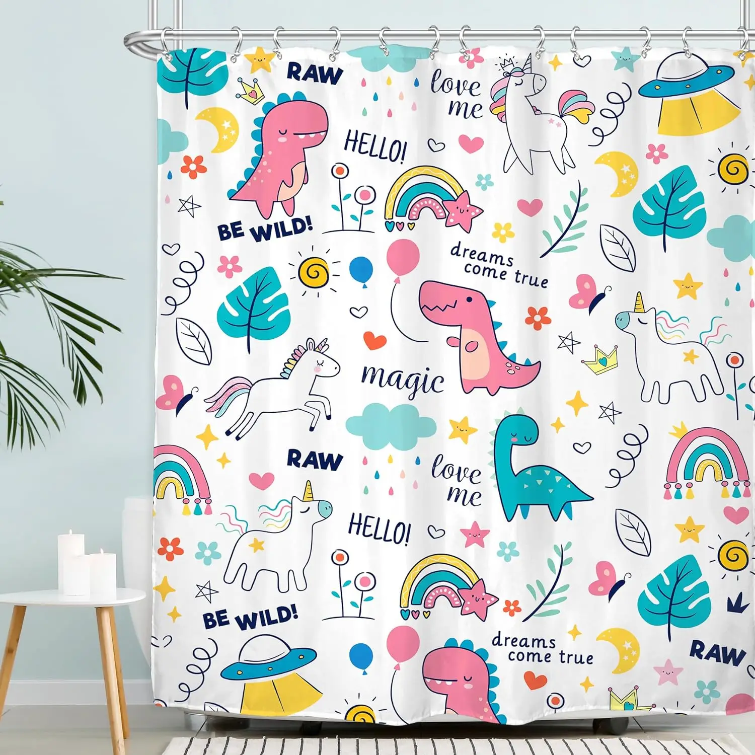 

Kid Dinosaur Unicorn Shower Curtain Alphabet Cute Cartoon Dinosaur Rainbow Fantasy Magical Animal Girl BoyNursery Bathroom Decor