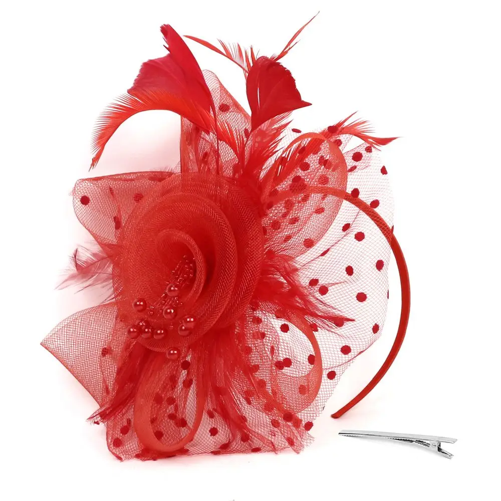 Women Girls Cocktail Wedding Mesh Flower Tea Party Headband Fascinator Hat Feathers Hair Clip Alice Headband Clip