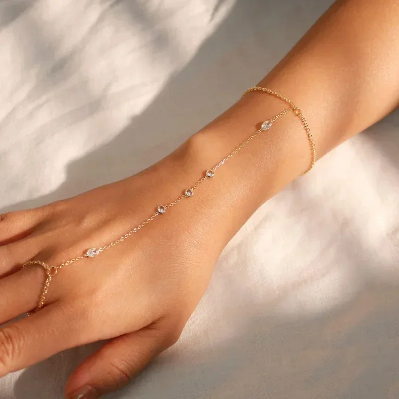 Stainless Steel Bracelet 18K Gold Plated Hand Chain Bracelet Link Ring Bracelet Finger Chain For Her