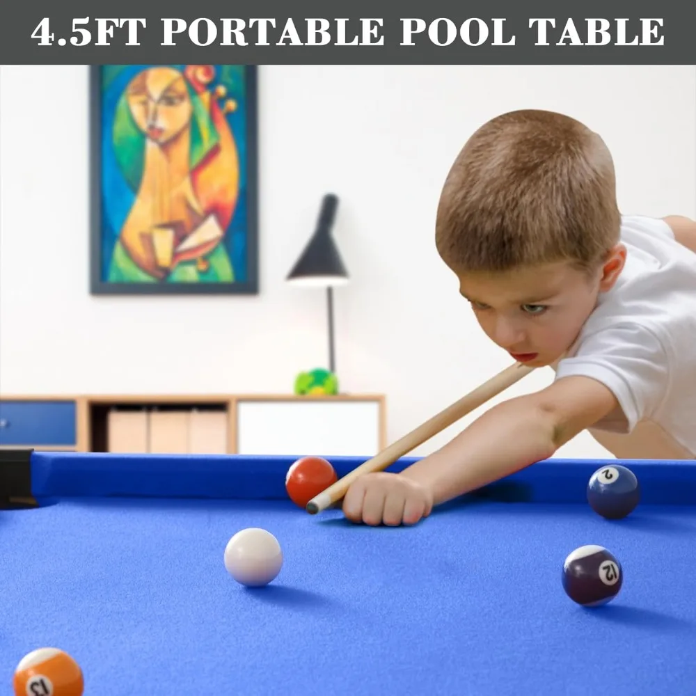 4.5Ft Pool Table, Portable Billiard Table for Kids and Adults, Mini Billiards Game Tables W/ 2 Cue Sticks, Full Set of Balls 3