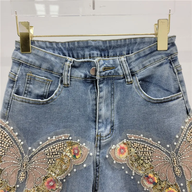 High Waist Stretchy Burr Denim Hot Pants Female 2024 Summer New Heavy Industry Beads Embroidered Blue Shorts Women Clothing