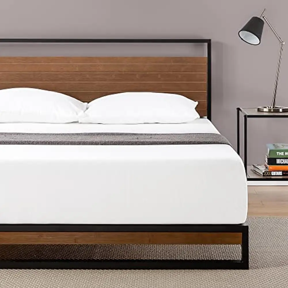 37" Bamboo and Steel Platform Bed Frame Solid Construction No Box Spring Needed Wood Slat Support Sustainable Material Durable