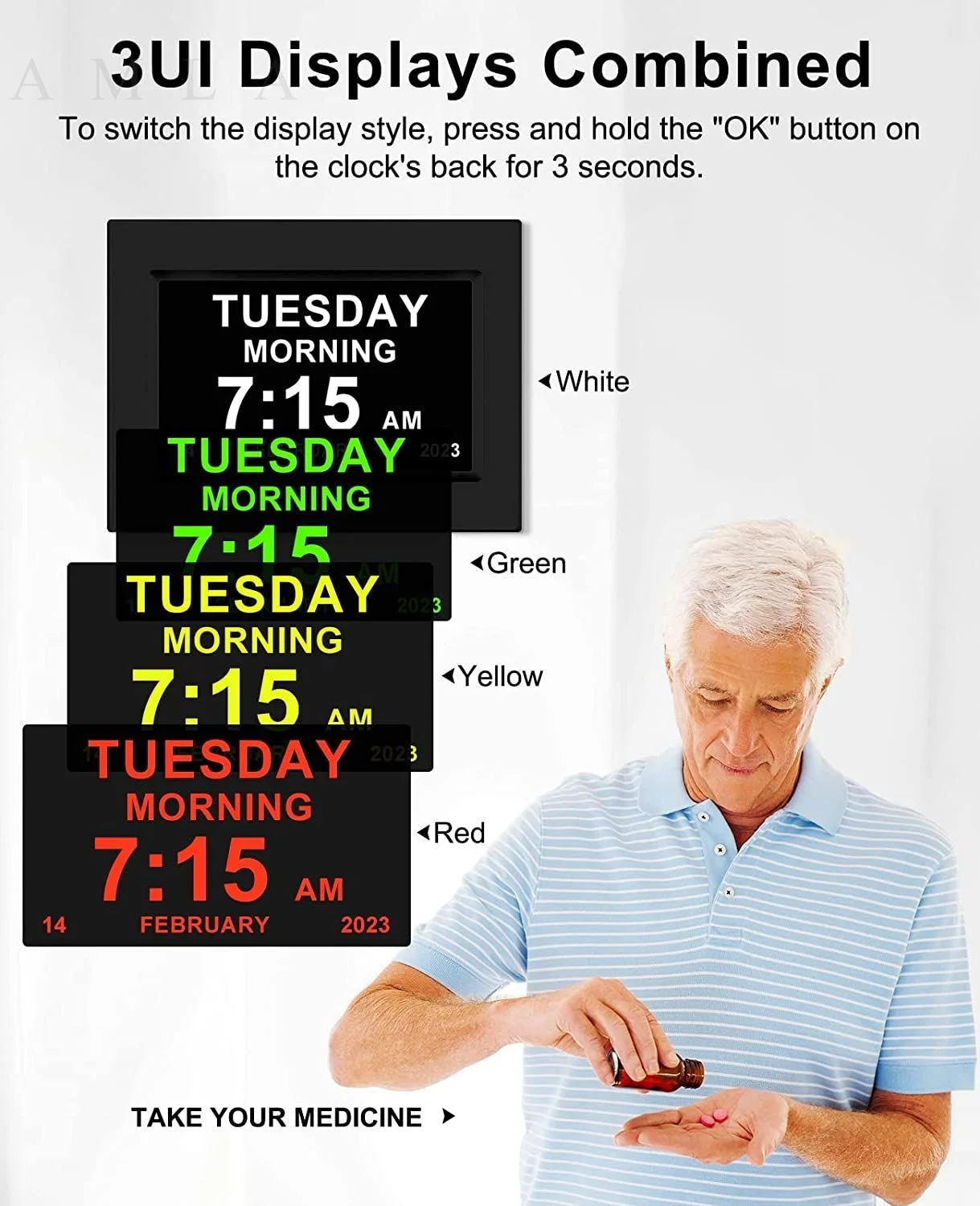 8 inch 12 Alarms Digital LED Calendar Clock with Multi-Languages to display. Medicine Time Reminder for Elder