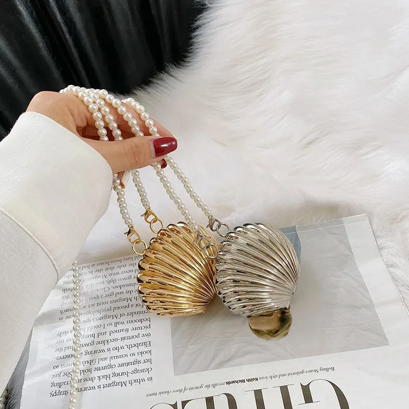 Women Handbags Metallic Mini Shell Bag Pearls Chains Shoulder Crossbody Bag Luxury Small Lipstick Coins Purses Designer