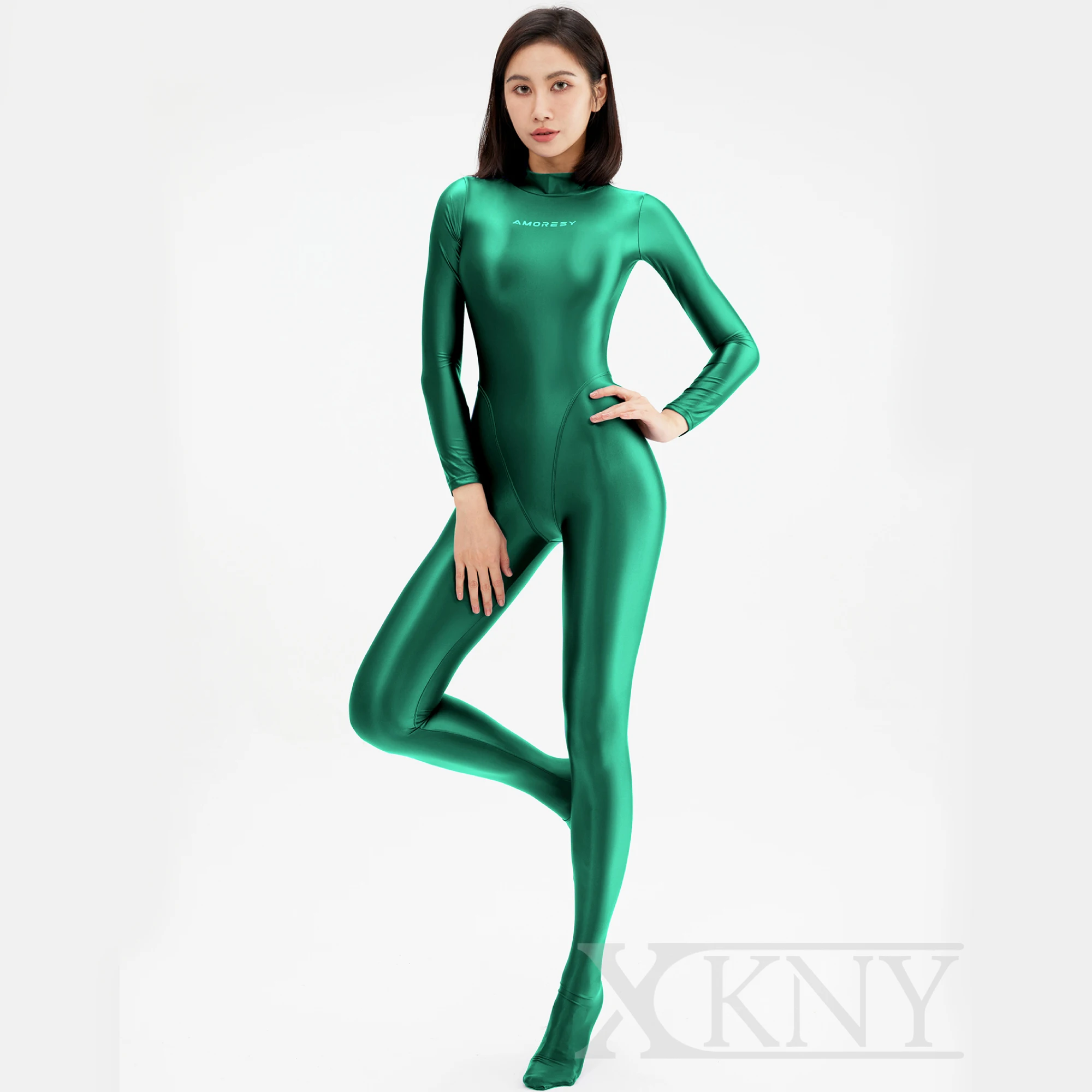 AMORESY tights Long Sleeve Full Length Oil Tights Smooth Jumpsuits