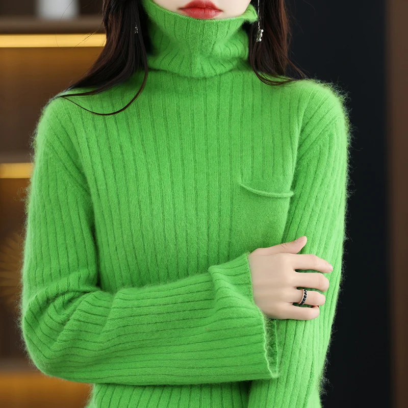 

2023 New Women's Sweater 100% Mink Cashmere Knitted Cashmere High Neck Pullover Slim Fit Underlay Brand Fashion Women's Top
