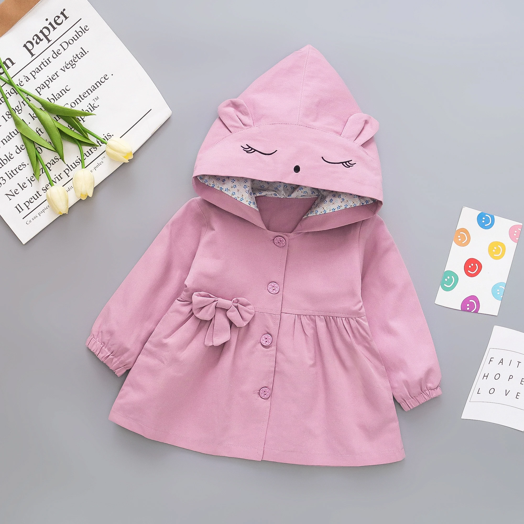 0-3 Year Old Girl Spring And Autumn Cute Hooded Coat Baby Single Breasted Hat Embroidered Cartoon Windbreaker for baby jacket,baby coat,children jacket