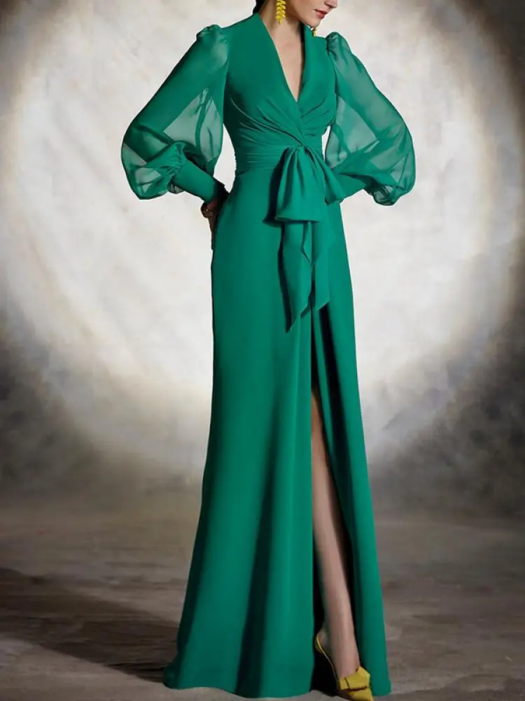 Vestidos maxi de chiffon con escote en V y abertura Verde Oscuro