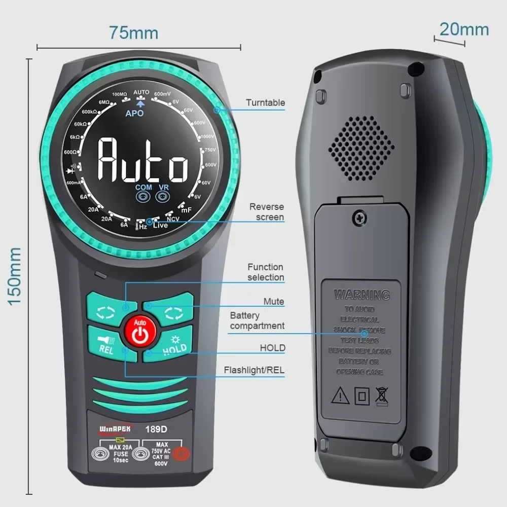 WINAPEX 189E Handheld Rotating Multimeter AC/DC 750V~1000V Auto Range Backlight True-RMS Smart Multimeter Home Circuit Inspect