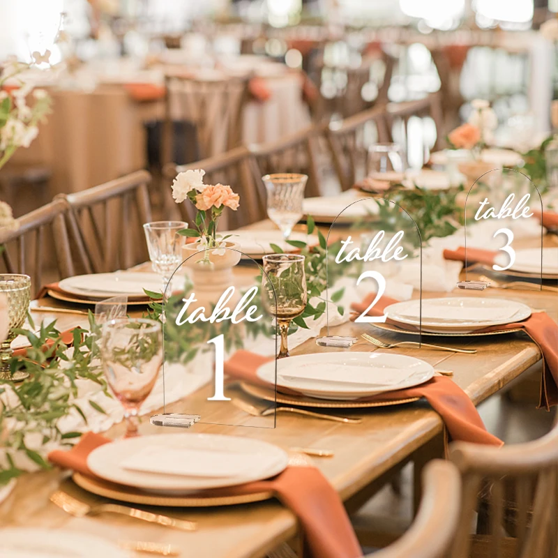 Description Picture 4 of item10/20Pcs Clear Acrylic Sign Arch with Stand Blank Guest Name Tags Wedding Table Number Holder Decoration Supplies DIY Place Card