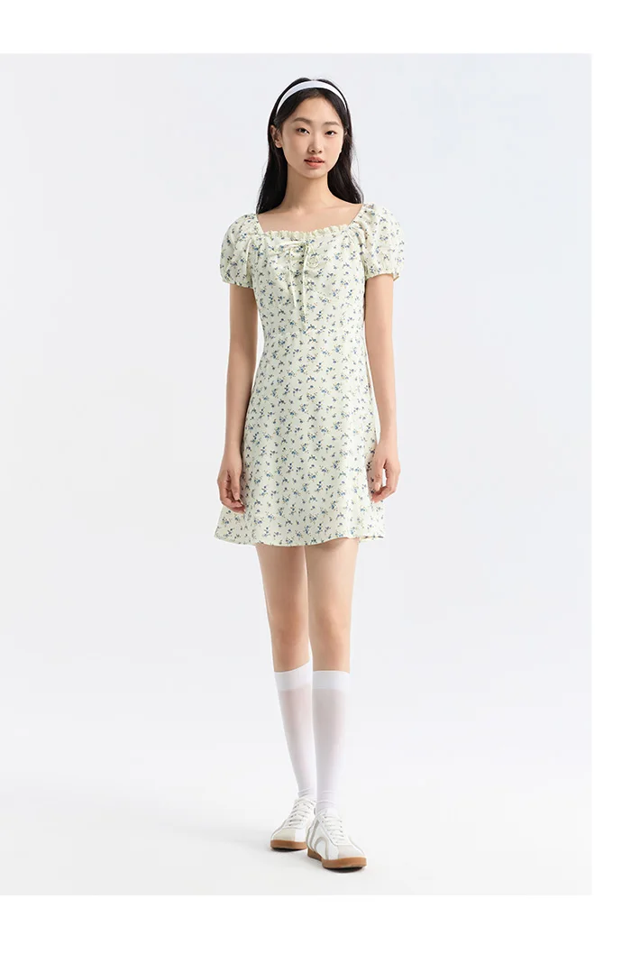 Vestido de mujer con mangas abullonadas y estampado floral de gasa Mori, nuevo vestido de verano con escote cuadrado y cintura corta, divertido