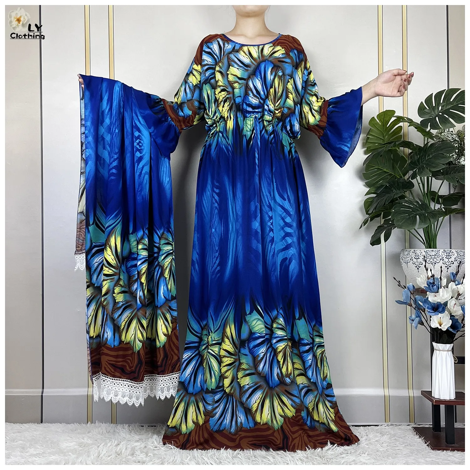 2023 New African Women Summer Fashion Dress With Big Scarf Dubai Maxi Lady Half Sleeve Collect Waist Printing Floral Casual Robe